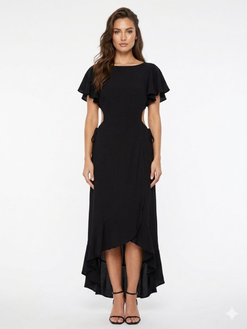 *HYFVE Black Cutout Maxi Dress Flutter Sleeve Tie Waist S